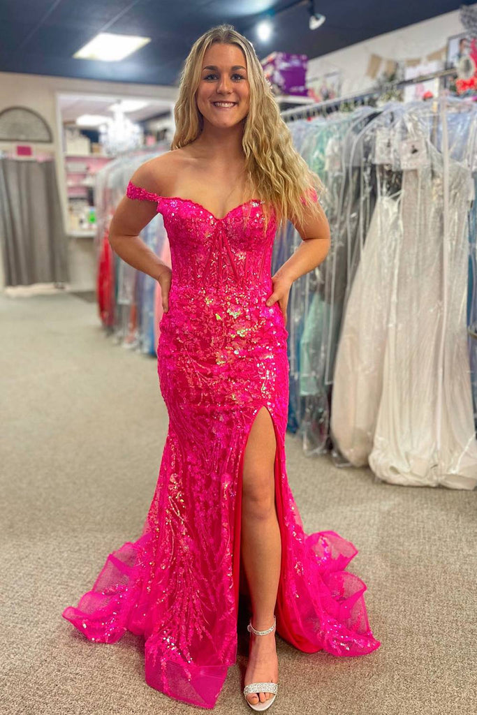 Off the Shoulder Gold Sequins Prom Dress, Mermaid Evening Dress With Slit