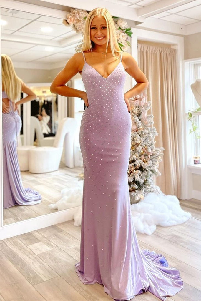 Mermaid Lavender V-Neck Prom Dresses Long Evening Dresses With Beading