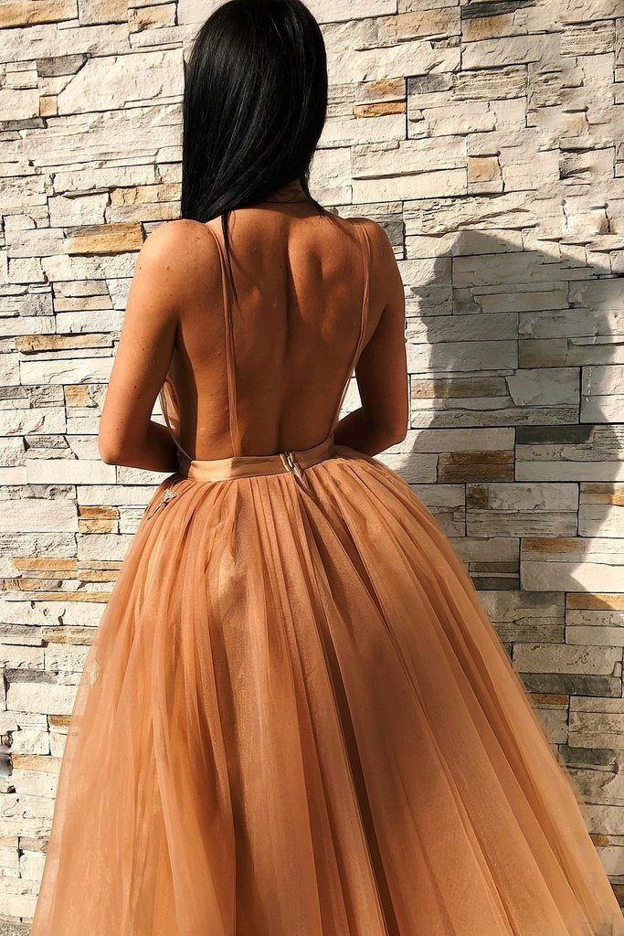 A-Line V-Neck Appliques Tulle Prom Dresses Backless Homecoming Dress