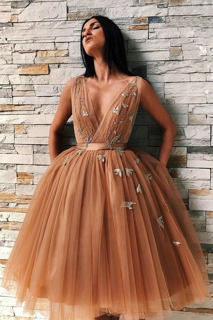 a-line v-neck appliques tulle prom dresses backless homecoming dress dth449