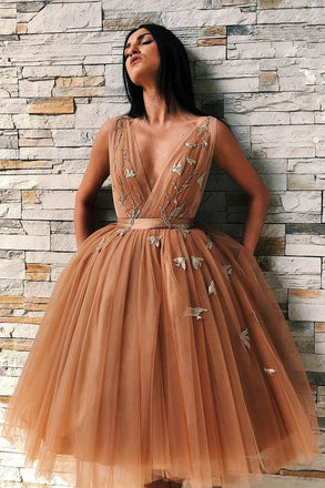 a-line v-neck appliques tulle prom dresses backless homecoming dress dth449