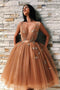 A-Line V-Neck Appliques Tulle Prom Dresses Backless Homecoming Dress