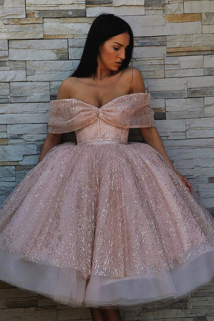 Princess Tea Length Prom Dresses Off-Shoulder Sparkly Homecoming Dress