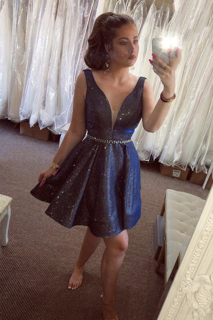 A-Line/Princess Dark Blue Sleeveless Short/Mini Deep V Neck Homecoming Dresse With Sequin/Beading