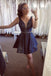 A-Line/Princess Dark Blue Sleeveless Short/Mini Deep V Neck Homecoming Dresse With Sequin/Beading