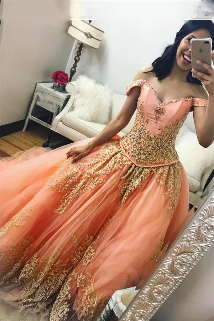 off-the-shoulder beaded gold applique ball gown coral quinceanera dresses dtp733
