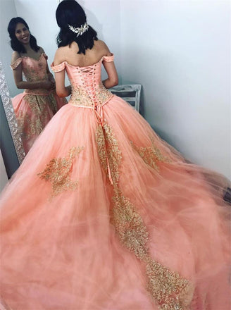 Off-the-Shoulder Beaded Gold Applique Ball Gown Coral Quinceanera Dresses