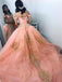 Off-the-Shoulder Beaded Gold Applique Ball Gown Coral Quinceanera Dresses