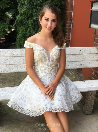 Cute A-line Off-Shoulder Homecoming Dress, Appliques Short Prom Dress