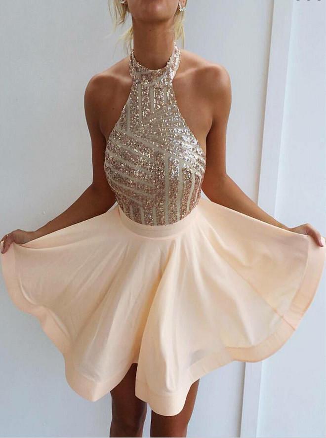Sexy Sparkly Halter Short Prom Dress Backless Cocktail Party Dresses