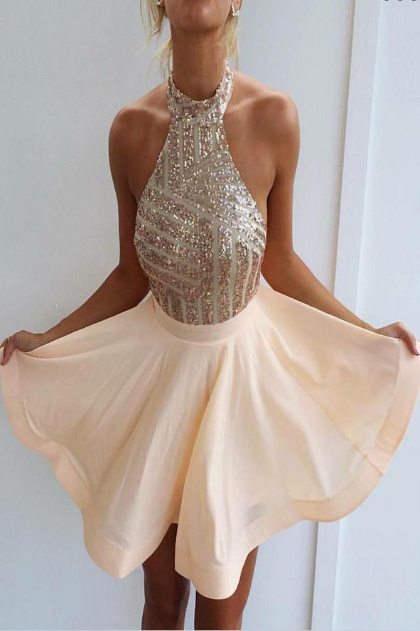 sexy sparkly halter short prom dress backless cocktail party dresses dth190