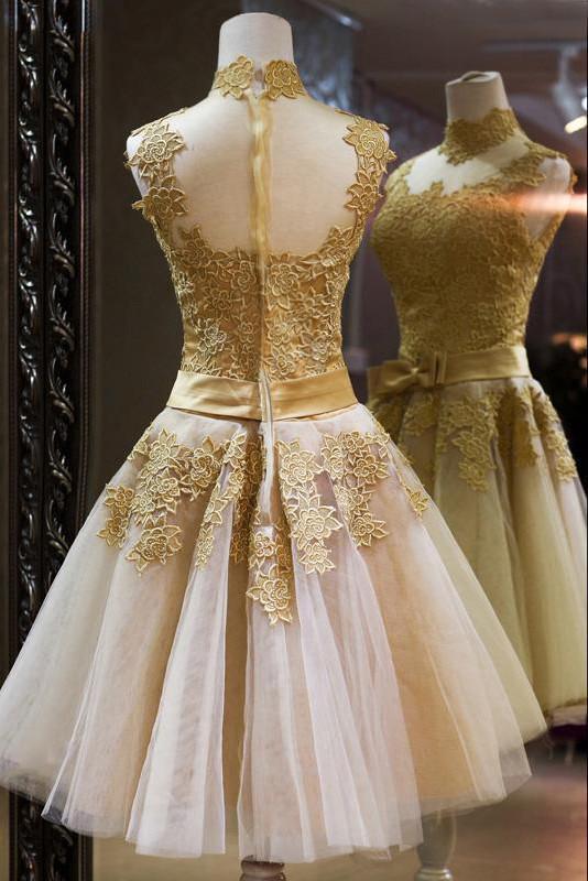 Tulle High Neck Gold Lace Appliques Knee Length Homecoming Party Dresses