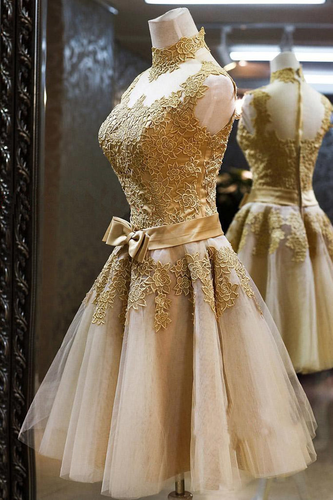 Tulle High Neck Gold Lace Appliques Knee Length Homecoming Party Dresses