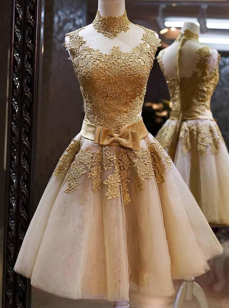 Tulle High Neck Gold Lace Appliques Knee Length Homecoming Party Dresses