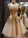 Tulle High Neck Gold Lace Appliques Knee Length Homecoming Party Dresses