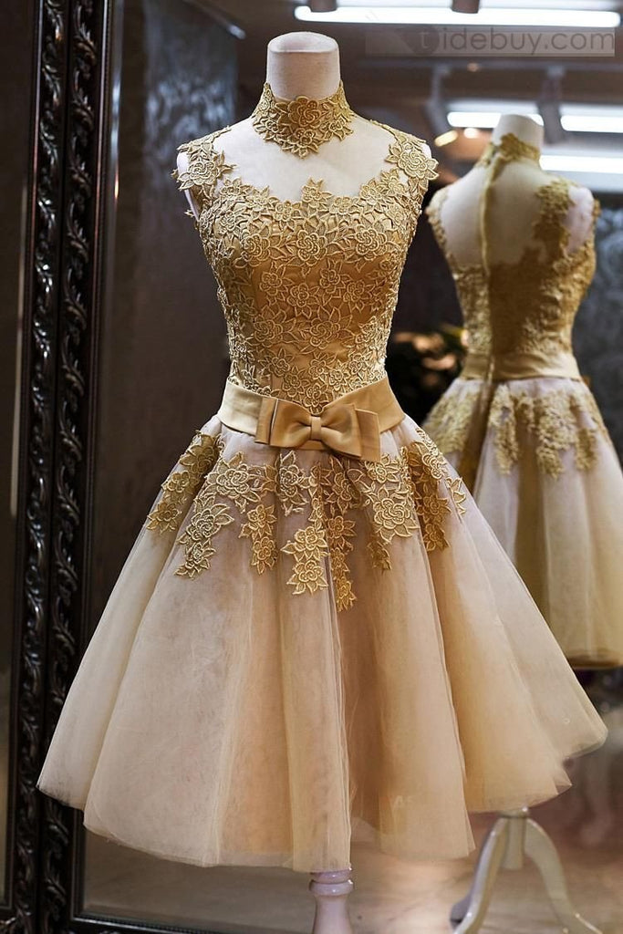 Tulle High Neck Gold Lace Appliques Knee Length Homecoming Party Dresses DTH185 DressTok.co.uk Tulle High Neck Gold Lace Appliques Knee Length Homecoming Party Dresses DTH185 DressTok.co.uk