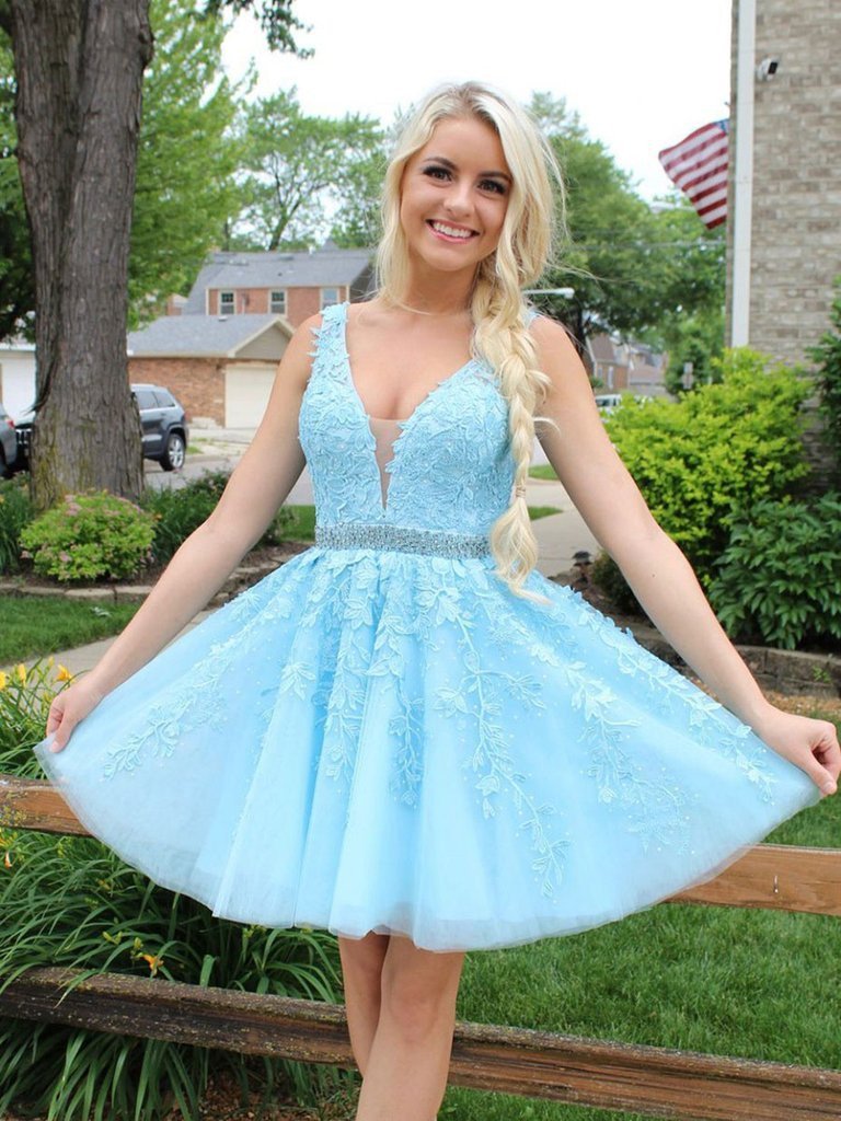 A-line V-neck Ice Blue Homecoming Dress, Lace Appliques Short Prom Dresses