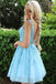 A-line V-neck Ice Blue Homecoming Dress, Lace Appliques Short Prom Dresses