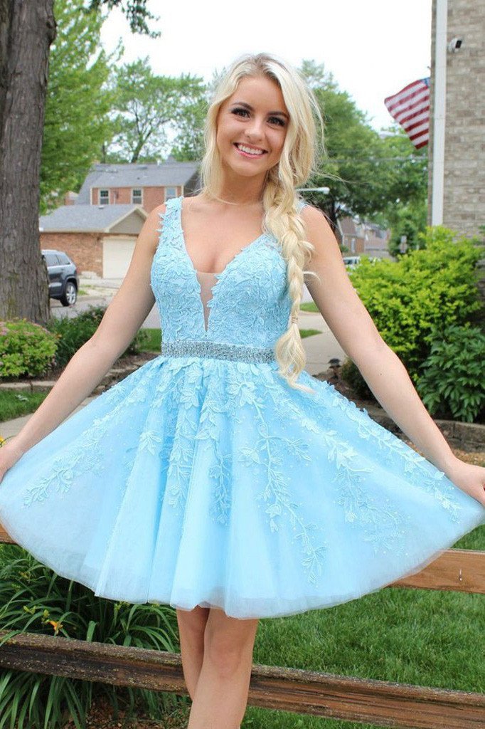 Lace Appliques Short Prom Dresses A-line V-neck Ice Blue Homecoming Dress DTH184 DressTok.co.uk Lace Appliques Short Prom Dresses A-line V-neck Ice Blue Homecoming Dress DTH184 DressTok.co.uk