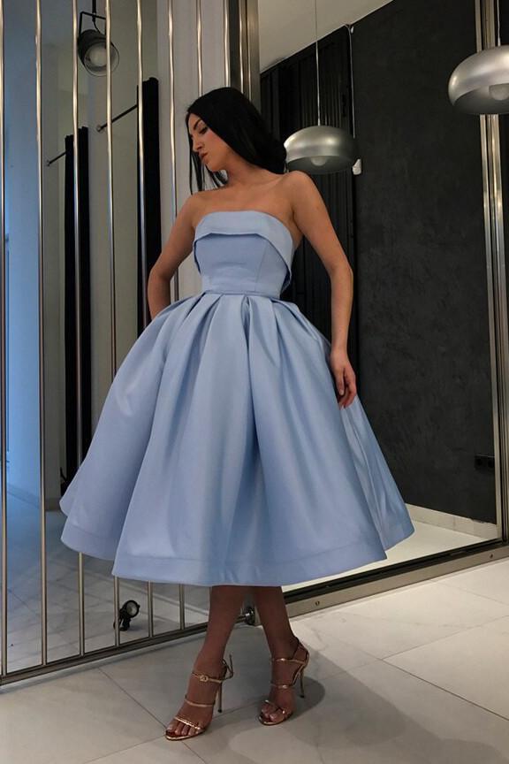 Simple Tea Length Light Blue Prom Dresses Strapless Homecoming Dress