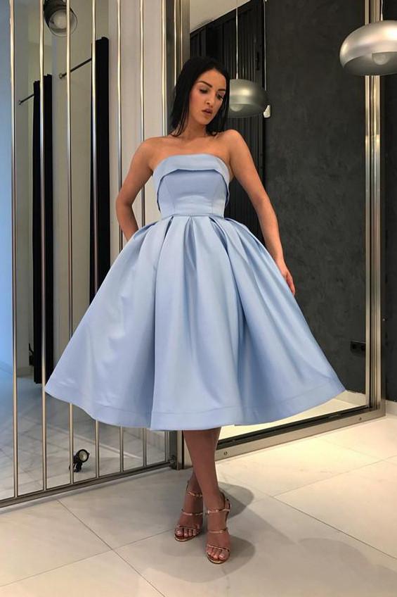 simple tea length light blue prom dresses strapless homecoming dress dth451