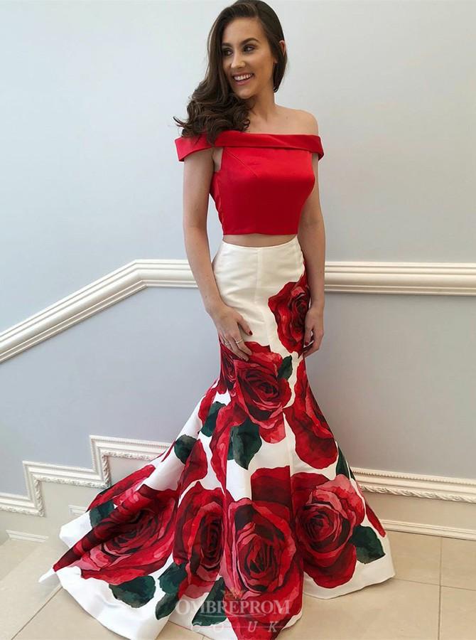 Off-the-Shoulder Floral Printed Two Piece Prom Dresses