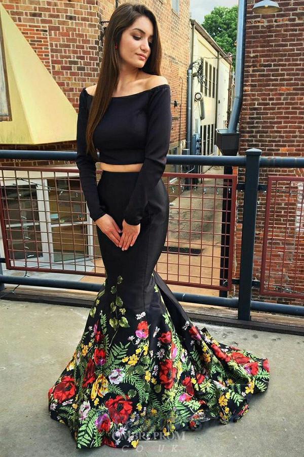 off-the-shoulder long sleeves two piece mermaid black prom dresses dtp750
