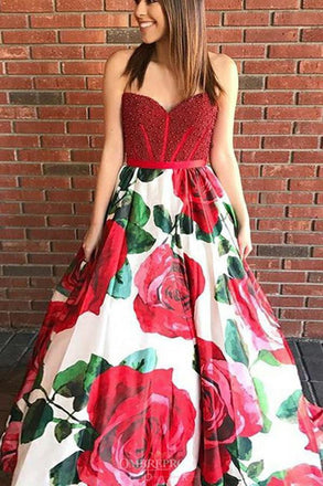 A-Line Sweetheart Rose Printed Prom Dresses with Beading