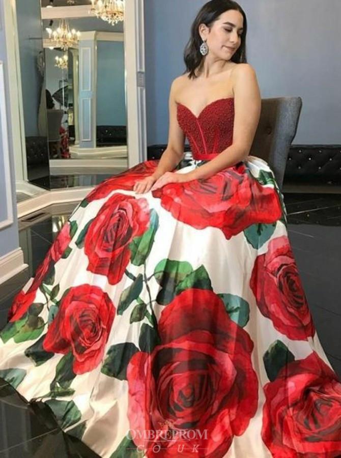 A-Line Sweetheart Rose Printed Prom Dresses with Beading