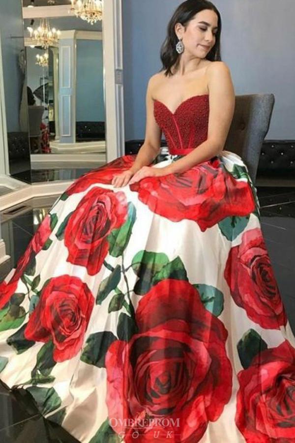 a-line sweetheart rose printed prom dresses with beading dtp751