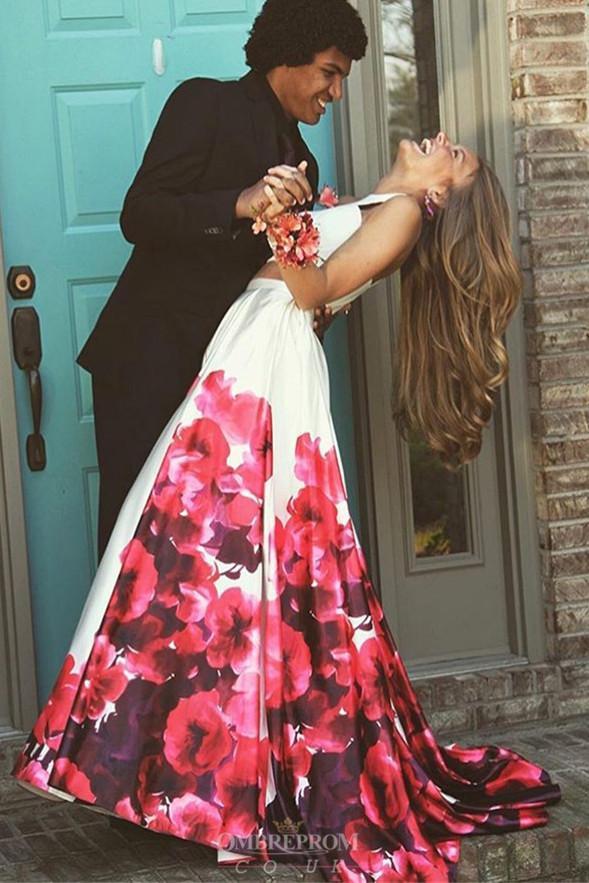 two piece crew floral printed prom dresses long formal gown dtp752