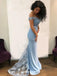 Light Blue Off Shoulder Lace Long Prom Dresses Mermaid Bridesmaid Dresses