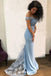 light blue off shoulder lace long prom dresses mermaid bridesmaid dresses dtp740