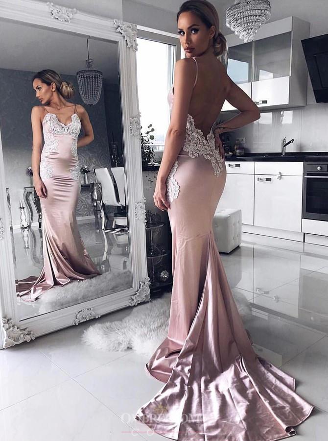 Mermaid Spaghetti Prom Dresses with Appliques Backless Evening Gown