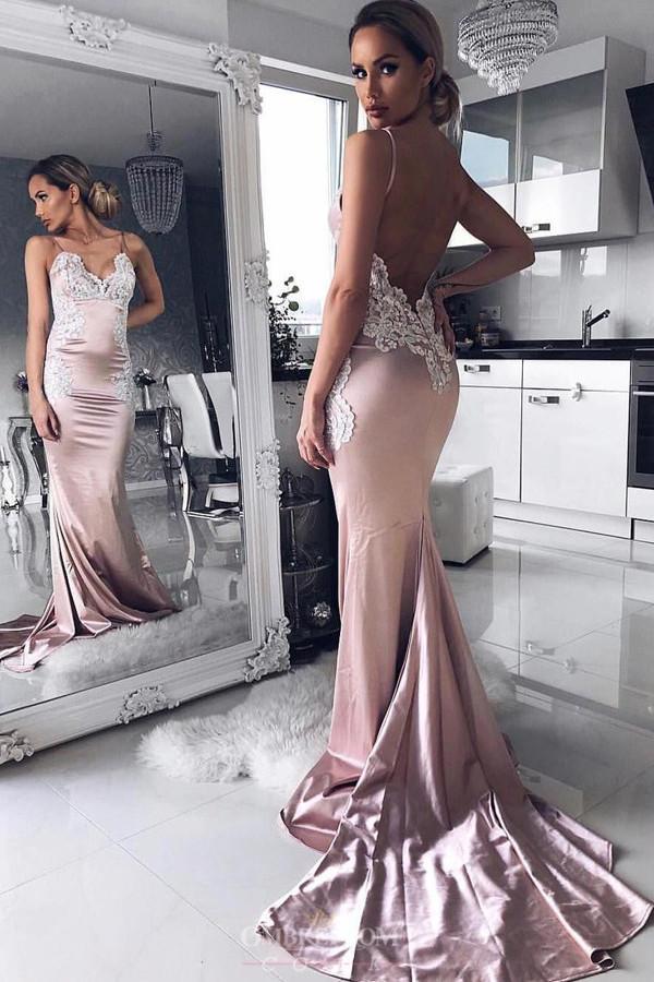 mermaid spaghetti prom dresses with appliques backless evening gown dtp745