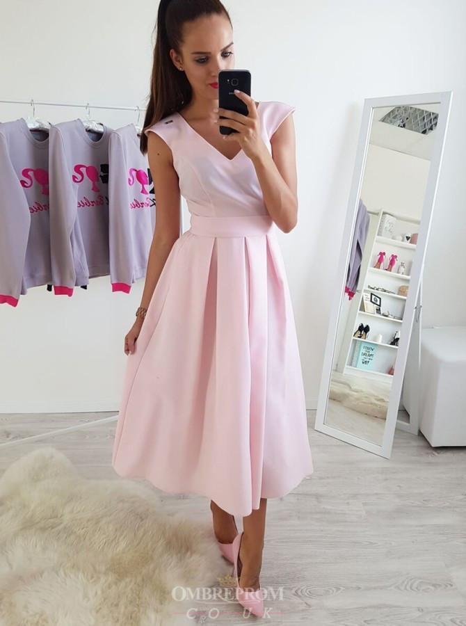 Simple A-Line V-neck Ankle-Length Pink Prom Dresses