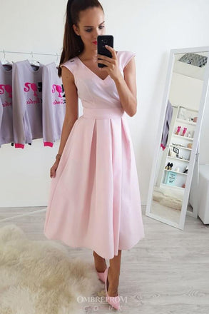 simple a-line v-neck ankle-length pink prom dresses dth444