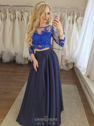 Dark Blue Two Piece Prom Dresses, 3/4 Sleeves Appliques Graduation Gown