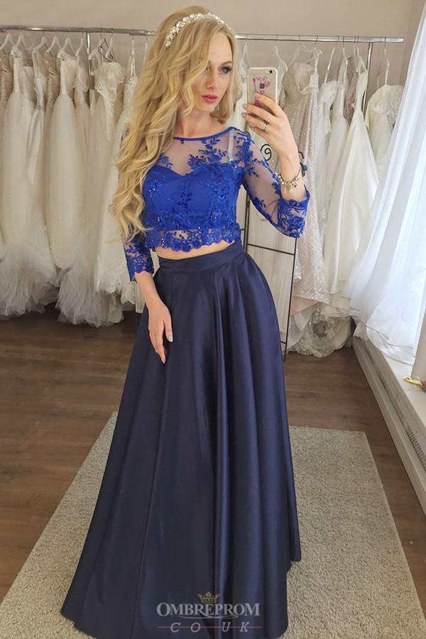 3/4 Sleeves Appliques Graduation Gown Dark Blue Two Piece Prom Dresses DTP757 DressTok.co.uk 3/4 Sleeves Appliques Graduation Gown Dark Blue Two Piece Prom Dresses DTP757 DressTok.co.uk