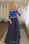 Dark Blue Two Piece Prom Dresses, 3/4 Sleeves Appliques Graduation Gown