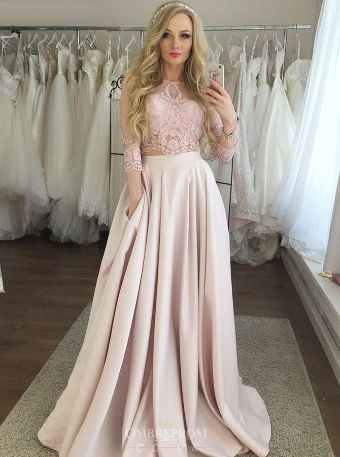 Two Piece Jewel 3/4 Sleeves Pink Prom Dresses with Pockets