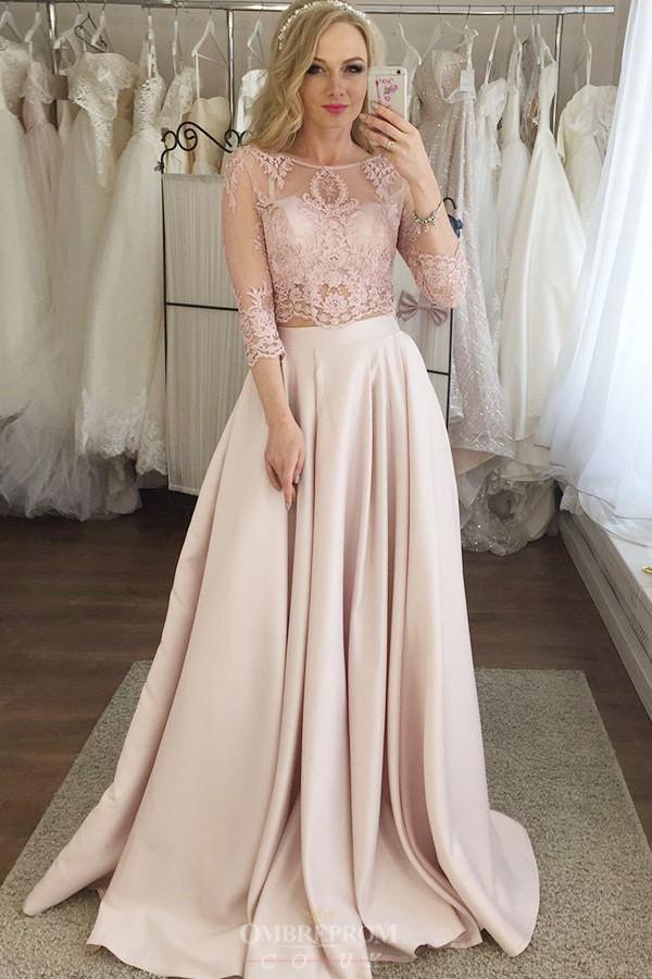 Two Piece Jewel 3/4 Sleeves Pink Prom Dresses with Pockets