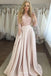 two piece jewel 3/4 sleeves pink prom dresses with pockets dtp758