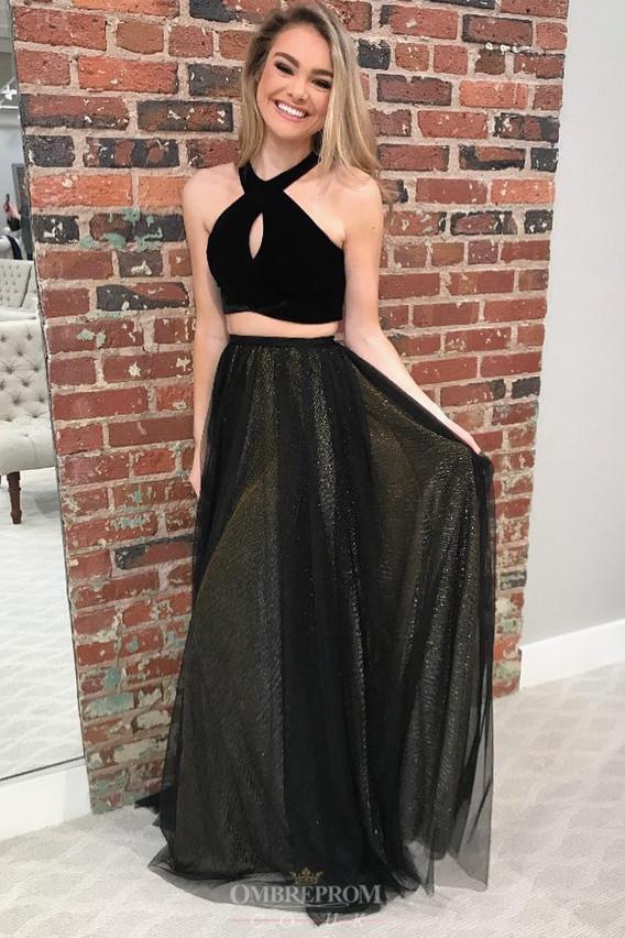 black prom dresses with keyhole two piece halter evening gown dtp761