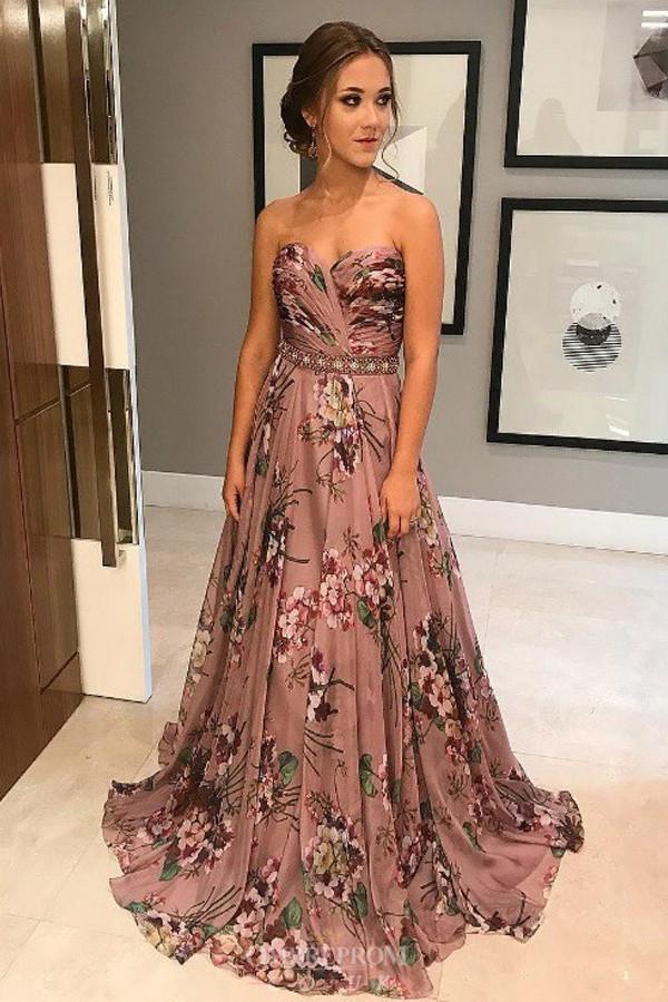 Floral Print Prom Dresses A Line Sweetheart Beading Waist Party