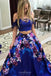 Drop Sleeves Two Piece Royal Blue Flowers Printed Prom Dresses with Pockets