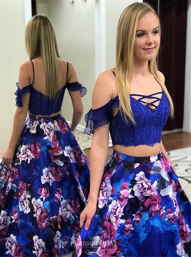 Drop Sleeves Two Piece Royal Blue Flowers Printed Prom Dresses with Pockets