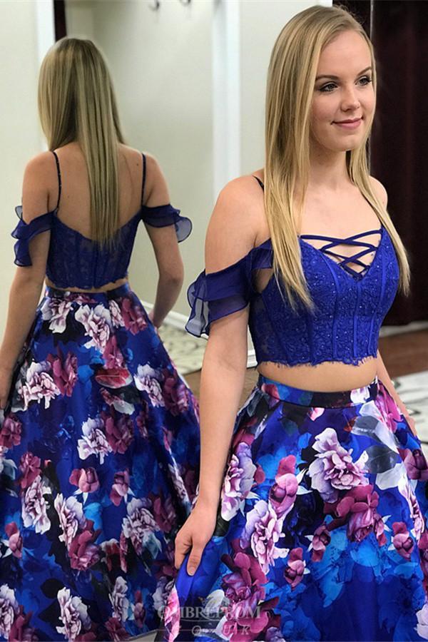 drop sleeves two piece royal blue flowers printed prom dresses with pockets dtp753