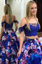 Drop Sleeves Two Piece Royal Blue Flowers Printed Prom Dresses with Pockets