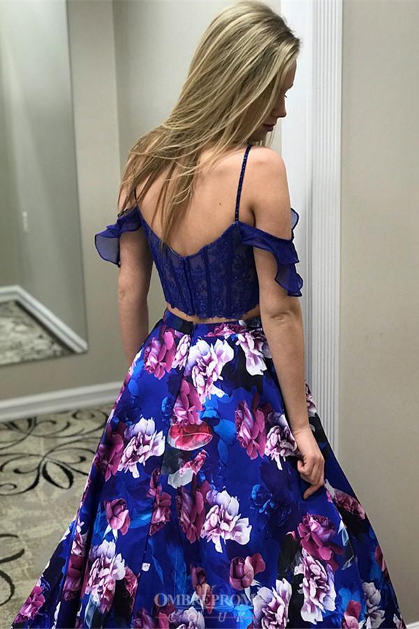 Drop Sleeves Two Piece Royal Blue Flowers Printed Prom Dresses